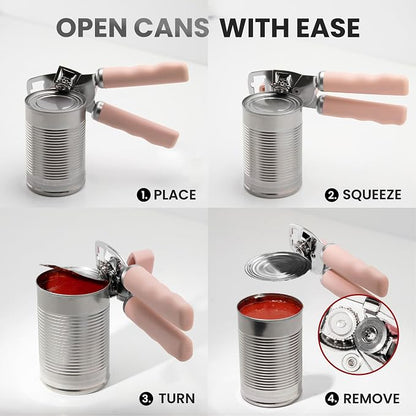 Zulay Kitchen Heavy Duty Stainless Steel Can Opener Manual with Bottle Opener - Rust Proof Manual Can Opener With Turn Knob & Comfy Soft Grip Handles - Apricot Peach