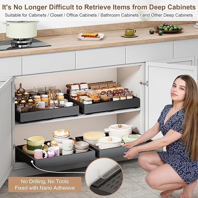 Pull out Cabinet Organizer,Expandable Width(11"-16"),Depth(17"-24") with 3 Rails,Roll out Drawers,No Drill Adjustable Slide out Shelves for Kitchen,Pantry,for Both Lip and Lip-Free Cabinets,Black(1PC)