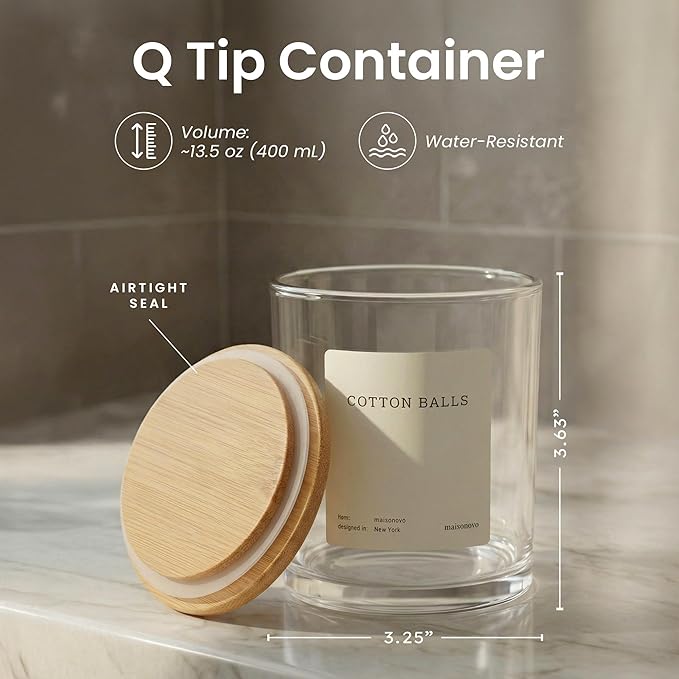 Maisonovo Glass Bathroom Containers with Lids (Airtight) - Qtip Holder - Apothecary Jars for Cotton Rounds, Swabs, Balls, Pads - Clear Q Tip Dispenser - 2 pcs Bathroom Canisters Set for Organization