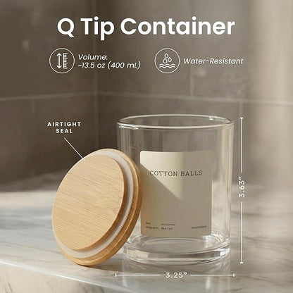 Maisonovo Glass Bathroom Containers with Lids (Airtight) - Qtip Holder - Apothecary Jars for Cotton Rounds, Swabs, Balls, Pads - Clear Q Tip Dispenser - 2 pcs Bathroom Canisters Set for Organization