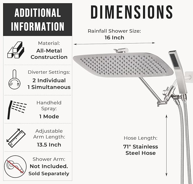 G-Promise All Metal 16 Inch Dual Square Shower Head with Handheld Spray Combo, Rain Shower Head, Adjustable Extension Arm, 3-Way Diverter, 71 Inch Extra Long Hose - A Bathroom Upgrade(Brushed Nickel)