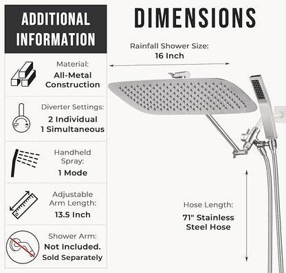 G-Promise All Metal 16 Inch Dual Square Shower Head with Handheld Spray Combo, Rain Shower Head, Adjustable Extension Arm, 3-Way Diverter, 71 Inch Extra Long Hose - A Bathroom Upgrade(Brushed Nickel)