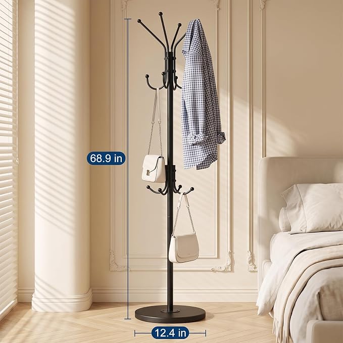 Freestanding Coat Rack with 12 Hooks,Modern Coat Stand with Wood Base for Entryway, Bedroom, Office, 3 Adjustable Height Coats Hanger Stand for Coats, Hats, Handbags and Scarves, Black