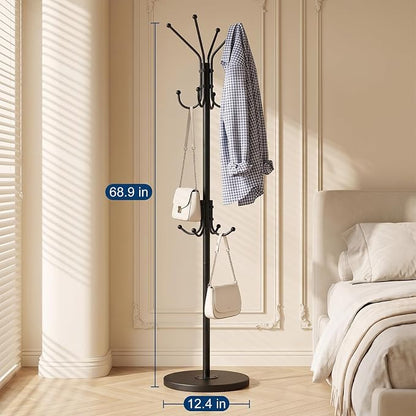 Freestanding Coat Rack with 12 Hooks,Modern Coat Stand with Wood Base for Entryway, Bedroom, Office, 3 Adjustable Height Coats Hanger Stand for Coats, Hats, Handbags and Scarves, Black