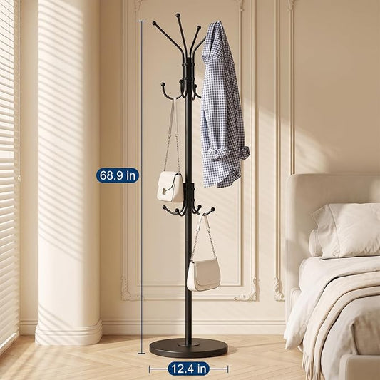 Freestanding Coat Rack with 12 Hooks,Modern Coat Stand with Wood Base for Entryway, Bedroom, Office, 3 Adjustable Height Coats Hanger Stand for Coats, Hats, Handbags and Scarves, Black