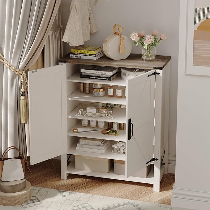 Maupvit 6-Tier Shoe Cabinet with Doors, Farmhouse Shoe Storage Cabinet with Adjustable Shelves, Shoe Shelf, Wooden Shoe Rack Organizer Cabinet for Entryway, Foyer, Hallway, Living Room, White