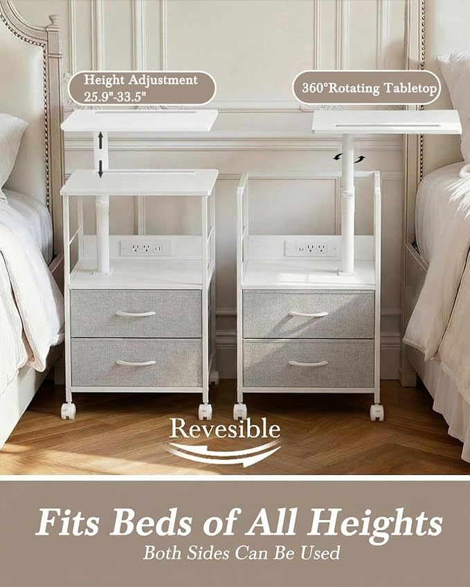 Faesun Swivel Lift Top Nightstand with Charging Station, Rolling Side Table for Recliner, Bedside Table with Wheels & 2 Fabric Drawers, for Small Spaces, for Bedroom, Living Room, White Gray