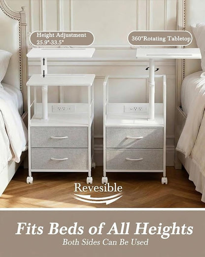 Faesun Swivel Lift Top Nightstand with Charging Station, Rolling Side Table for Recliner, Bedside Table with Wheels & 2 Fabric Drawers, for Small Spaces, for Bedroom, Living Room, White Gray