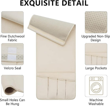 TV Remote Control Holder Couch Caddy, Non-slip Bedside Caddy Organizer with 5 Pockets for Key Glasses Phone Magazine Holders (Beige, 35"x12.4")