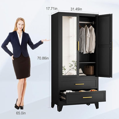 erosoei Metal Armoire Wardrobe Closet, 71 "Metal Clothing Storage Cabinet | with Mirror and Adjustable Shelves, Household Steel Wardrobe Storage Cabinet with 2 Drawers and Hanging Rod(Armoire-Black)