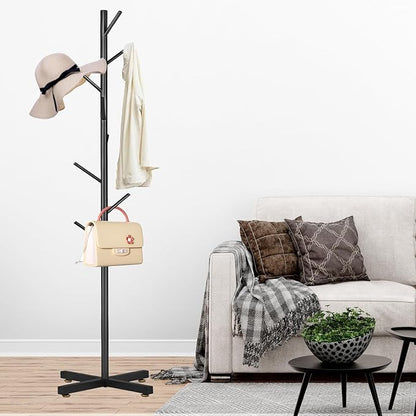 Metal Coat Rack, Modern Coat Rack Freestanding, Sturdy Coat Tree Stand with Cross Base, Black Coat Racks Hall Tree for Clothes Jacket Hat Bag Entryway