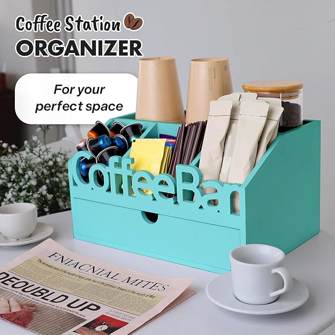 Coffee Bar Organizer for Countertop – Wooden Coffee Station, Tea and K Cup, Condiment Storage Rack, Coffee Pod Holder for Home and Office Counter Organization (Drawer - Turquoise)