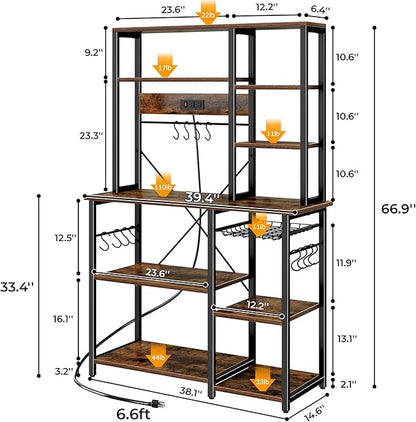 SUPERJARE Large Bakers Rack with Power Outlets, 6-Tier Microwave Stand, Coffee Bar with 12 S-Shaped Hooks, Kitchen Shelf with Wire Basket, 39.4 x 14.6 x 66.9 Inches, Rustic Brown