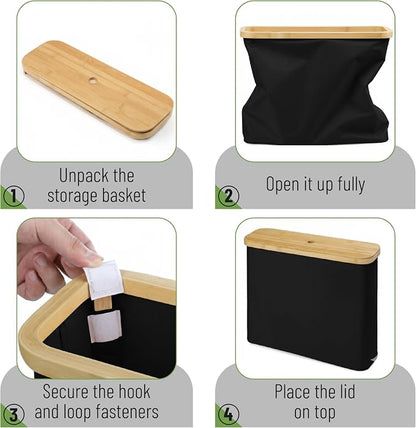 BAMBOO LAND- Toilet Paper Storage with Bamboo Lid for 12 Rolls, Black, Waterproof Bamboo Toilet Paper Holder Basket