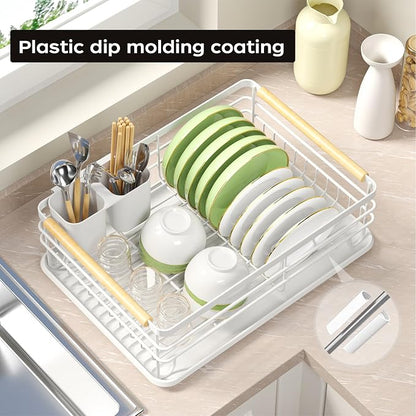 Dish Racks for Kitchen Counter: Wooden Handles, Thickened Metal, No Assembly. Small Dish Drying Rack: Ideal for Small Households. Drying Rack Kitchen: White
