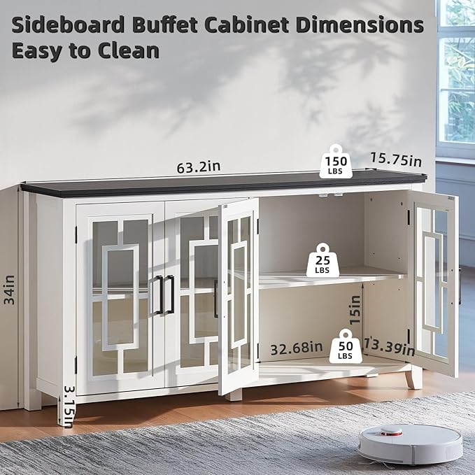 Large Sideboard Buffet Cabinet with Storage, 63" Farmhouse White Kitchen Coffee Wine Bar Cabinet with 4 Glass Doors, Wood Mid Century Modern Side Board Table for Dining Room, Living Room