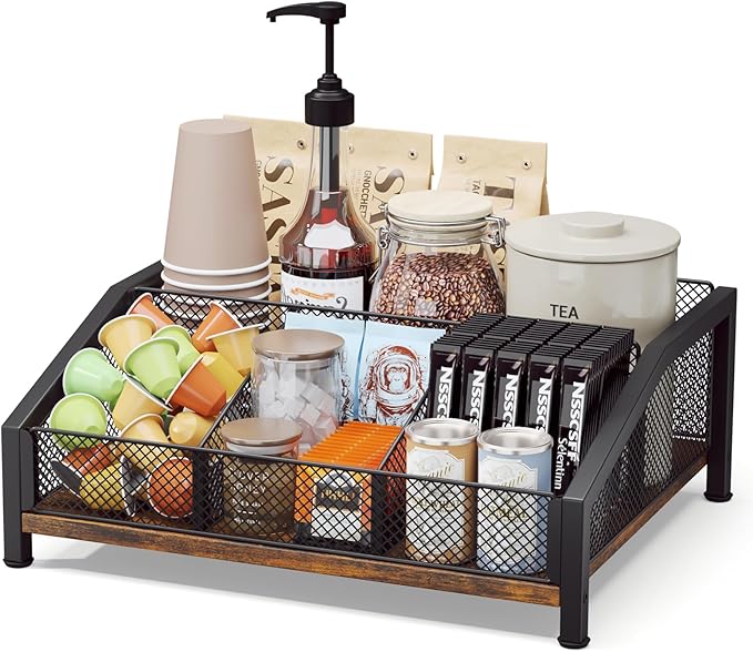 Homsorout Coffee Station Organizer - Coffee Bar Organizer with Removable Dividers for Pods Condiment Syrup Tea Stirrers, K Cup Holder for Kitchen, Office, Home, Countertop, Brown