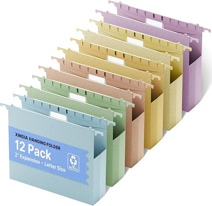 XINGIA Wheat Straw Hanging File Folders Letter Size Extra Capacity,Heavy Duty 2'' Expandable File Cabinet Folders,12 Pack Pastel File Folders Hanging with Tabs,Hanging File Organizer for Office School