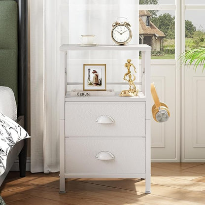 Furologee Nightstands Set of 2, End Table with 2 Fabric Drawers, Night Stand with 2 Hooks, Open Wood Shelf Bedside Table for Bedroom/Living Room/White