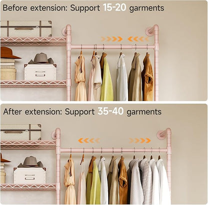 ONBRILL L4 Wall Mounted Industrial Pipe Clothing Rack, Closet Organizer System with 6 Hanging Clothes Rods ( 4 Expandable Rods) & 8 Shelves, Heavy Duty Corner Garment Rack, Large Wardrobe - Pink