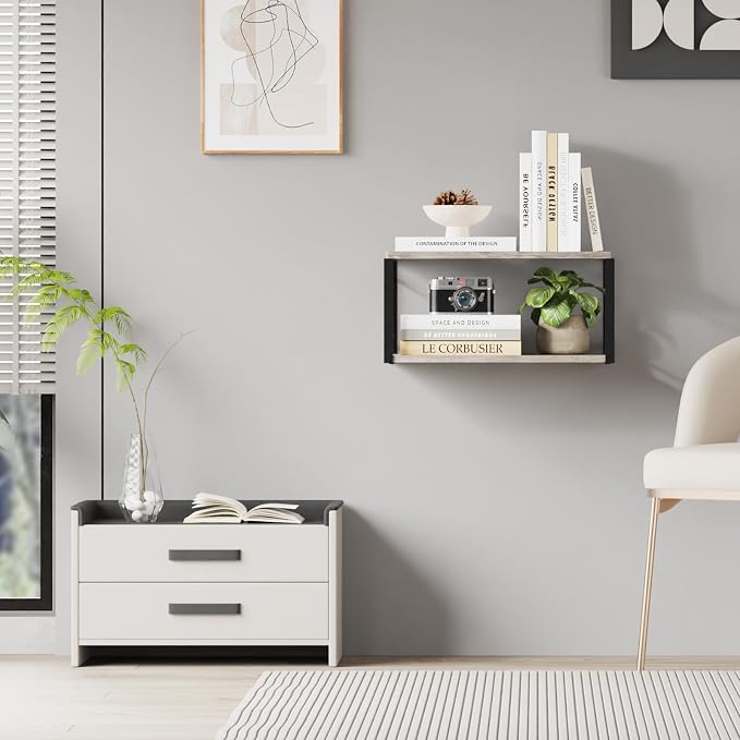 Floating Nightstand, Wood Bedside Shelf Wall Mounted Nightstand, Floating Bedside Table Wall Shelf for Bedroom, Living Room, Bathroom, Kitchen, Office (Vintage Gray)