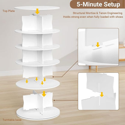 5-Tier Rotating Standing Shelf Unit with Dividers, 360° Storage Display Tower Vertical Floor Organizer, for Bedroom, Closet, Entryway & Office, Ideal for Shoes, Cosmetics & Handbags, White