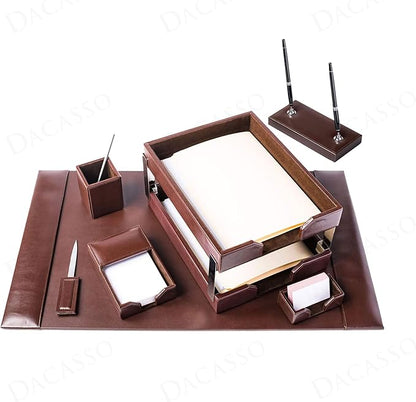 Dacasso Dark Brown Bonded Leather Luxury 9-Piece Desk Set - Blotter Pad & Desk Organization Essentials - Executive Decor and Surface Protector