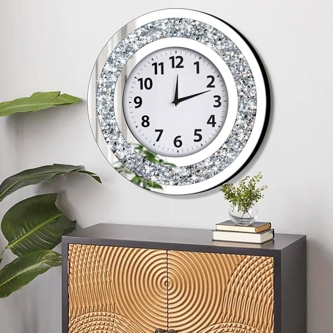 DMDFIRST Crystal Crushed Diamond Mirrored Round Wall Clock 16x16x2 inches for Wall Decoration Silver Glass Mirror Clock Sparkle Twinkle Bling Home Decor. AA Battery is not Included.