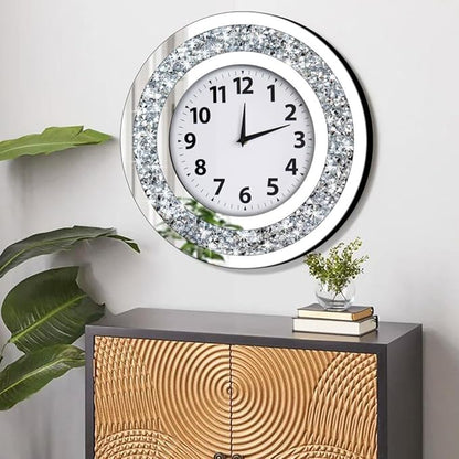 DMDFIRST Crystal Crushed Diamond Mirrored Round Wall Clock 16x16x2 inches for Wall Decoration Silver Glass Mirror Clock Sparkle Twinkle Bling Home Decor. AA Battery is not Included.