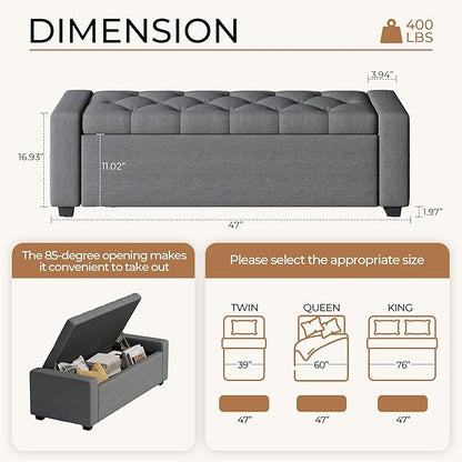 Storage Ottoman Bench,Large Entryway Ottoman with Storage, Rectangular Bench with Cushion and Safety Hinge for Living Room Bedroom,Darkgray