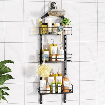 ODesign 3 Tier Height-Adjustable Shower Caddy Hanging Hanger Anti-Swing-Over The Shower Head Caddy-Shower Storage Organizer Bathroom Shelves Basket Shower Caddies-Black,11.9" x 4.84" x 36.2"