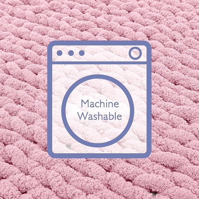Bigacogo Chunky Knit Throw Blanket for Couch, 51x63 inches, 100% Hand Knitted with Thick Jumbo Chenille Yarn, Cozy Soft Large Rope Knot Cable Crochet Blankets for Sofa Bed Living Room, Blush Pink