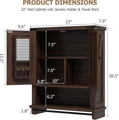 QUW Farmhouse Bathroom Wall Cabinet, Modern Medicine Cabinets with Towel Bar & Jewelry Holder, Over The Toilet Storage Cabinet with Barn Door for Laundry, Living Room, Hallway, Dark Walnut