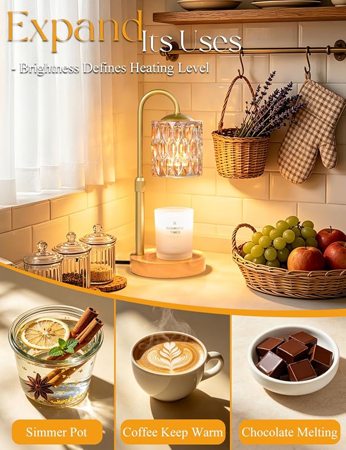 Briever Dimmable Candle Warmer Lamp with Timer, Height Adjustable Electric Candle Wax Warmer, Birthday Gifts for Women Mom, House Warming Gifts New Home Decor, Solid Wood Base, Natural Wood Champagne