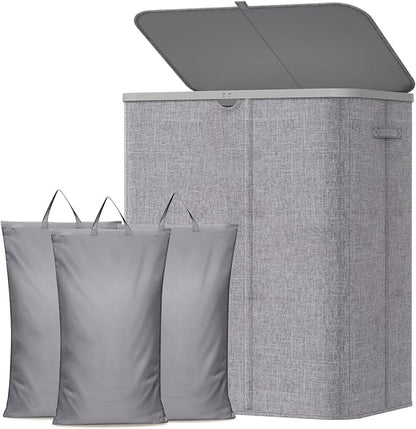 Lifewit 185L 3 Section Laundry Hamper with Lid, Large Laundry Basket with Handles and Removable Bags, Tall Clothes Hamper, Foldable Laundry Sorter for Bedroom Bathroom, Light Gray