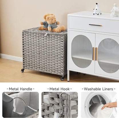 Laundry Hamper with Wheels, 34.3 Gallon(130L) Rolling Laundry Basket with Lid, Removable Large 2 Color Liners & 3 Mesh Laundry Bags, Clothes Hamper with Side Pocket, Grey
