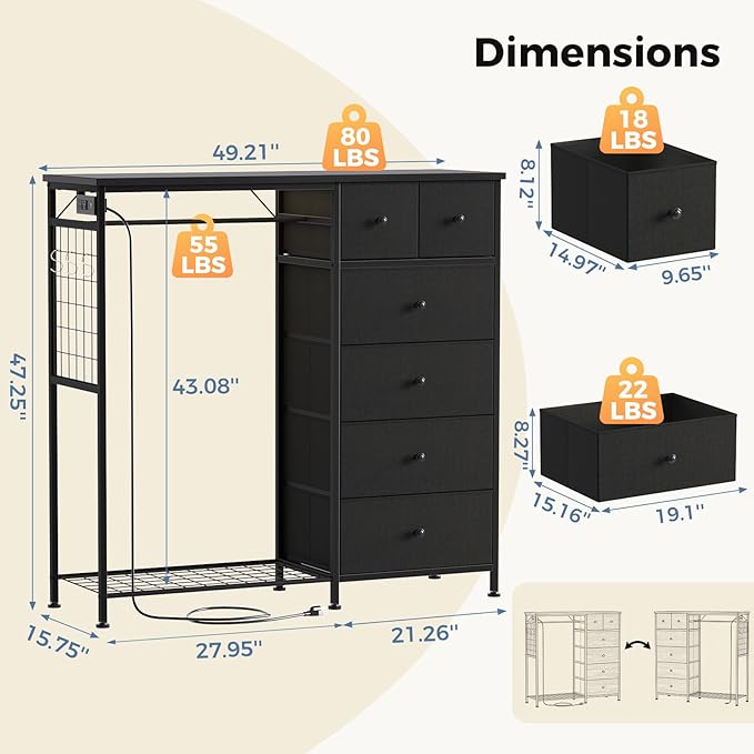 OLIXIS 6 Storage for Bedroom with Hanging Rack with LED Lights & Charging Station, Fabric Chest of Storage with Rack, Wooden Top, for Home Living Room Entryway Black