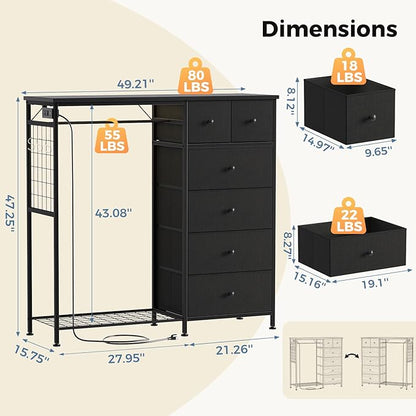 OLIXIS 6 Storage for Bedroom with Hanging Rack with LED Lights & Charging Station, Fabric Chest of Storage with Rack, Wooden Top, for Home Living Room Entryway Black