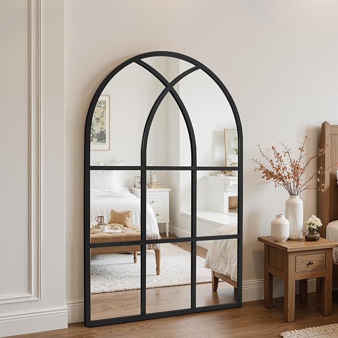 Arched Window pane Wall Mirror 24"x36", Window Shaped Farmhouse Style with Aluminum Frame, Decorative Wall Mirror Leaning Hanging for Living Room, Courtyard, Bedroom, Entryway, Black