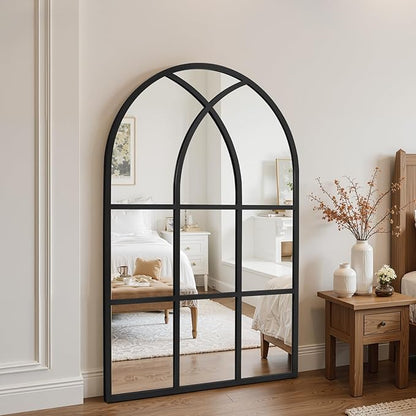 Arched Window pane Wall Mirror 24"x36", Window Shaped Farmhouse Style with Aluminum Frame, Decorative Wall Mirror Leaning Hanging for Living Room, Courtyard, Bedroom, Entryway, Black
