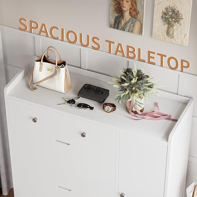 YESHOMY Shoe Cabinet for Entryway, Shoe Storage Cabinet with 2 Flip-Front Doors & Drawers, Shoes Organizer for Living Room and Hallway, White