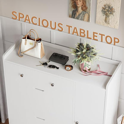 YESHOMY Shoe Cabinet for Entryway, Shoe Storage Cabinet with 2 Flip-Front Doors & Drawers, Shoes Organizer for Living Room and Hallway, White