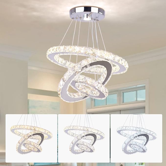 Modern Crystal Chandeliers LED Chandelier Fixtures 3 Rings Round DIY Pendant Lighting Stainless Steel Adjustable Chandelier Ceiling Light for Dining Room Bedroom Living Room (3 Colors)