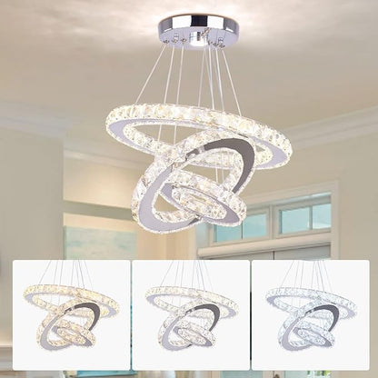 Modern Crystal Chandeliers LED Chandelier Fixtures 3 Rings Round DIY Pendant Lighting Stainless Steel Adjustable Chandelier Ceiling Light for Dining Room Bedroom Living Room (3 Colors)