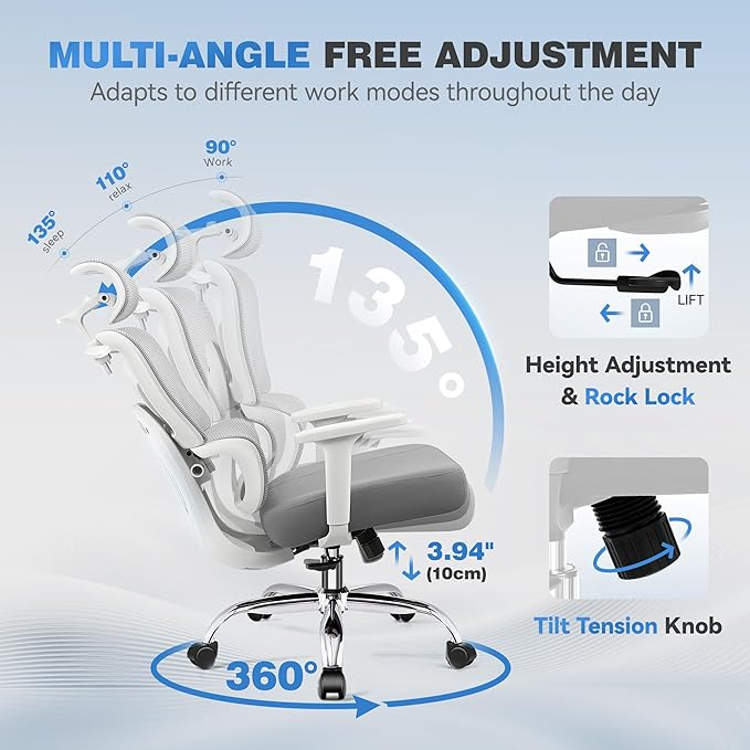 Ergonomic Office Desk Chair, High Back Mesh Office Chair with Adjustable Lumbar Support, 3D Headrest, Big and Tall Home Computer Desk Chairs Comfy for Work, Gaming, 300lbs, Gray