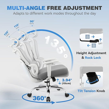 Ergonomic Office Desk Chair, High Back Mesh Office Chair with Adjustable Lumbar Support, 3D Headrest, Big and Tall Home Computer Desk Chairs Comfy for Work, Gaming, 300lbs, Gray
