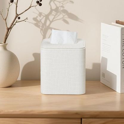 Cretkhp Square Tissue Box Cover with Magnetic Closure, Modern PU Leather Tissue Box Holder for Bathroom Vanity Countertop Night Stands Bedroom Office Desk, Stylish Cube Tissue Holder (Cream)