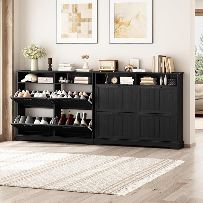 Shoe Storage Cabinet with 4 Flip Drawers, Farmhouse Modern Hidden Shoes Rack Cabinet with Adjustable Shelves & Open Storage, Narrow Slim Shoe Organizer for Front Door Entrance, Entryway, Hallway,Black