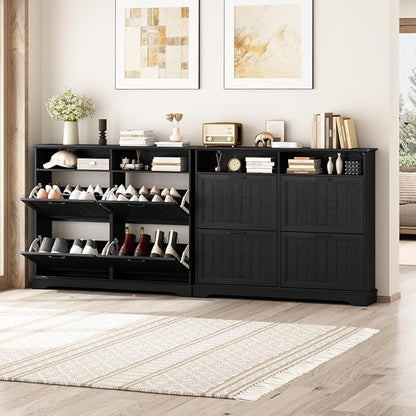 Shoe Storage Cabinet with 4 Flip Drawers, Farmhouse Modern Hidden Shoes Rack Cabinet with Adjustable Shelves & Open Storage, Narrow Slim Shoe Organizer for Front Door Entrance, Entryway, Hallway,Black