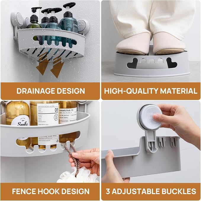 LEVERLOC Corner Shower Caddy Suction Cup, shower shelves suction cup, 2 Pack Basket Powerful Bathroom, Waterproof & Oil-proof Organizer for Kitchen, No-Drilling Removable